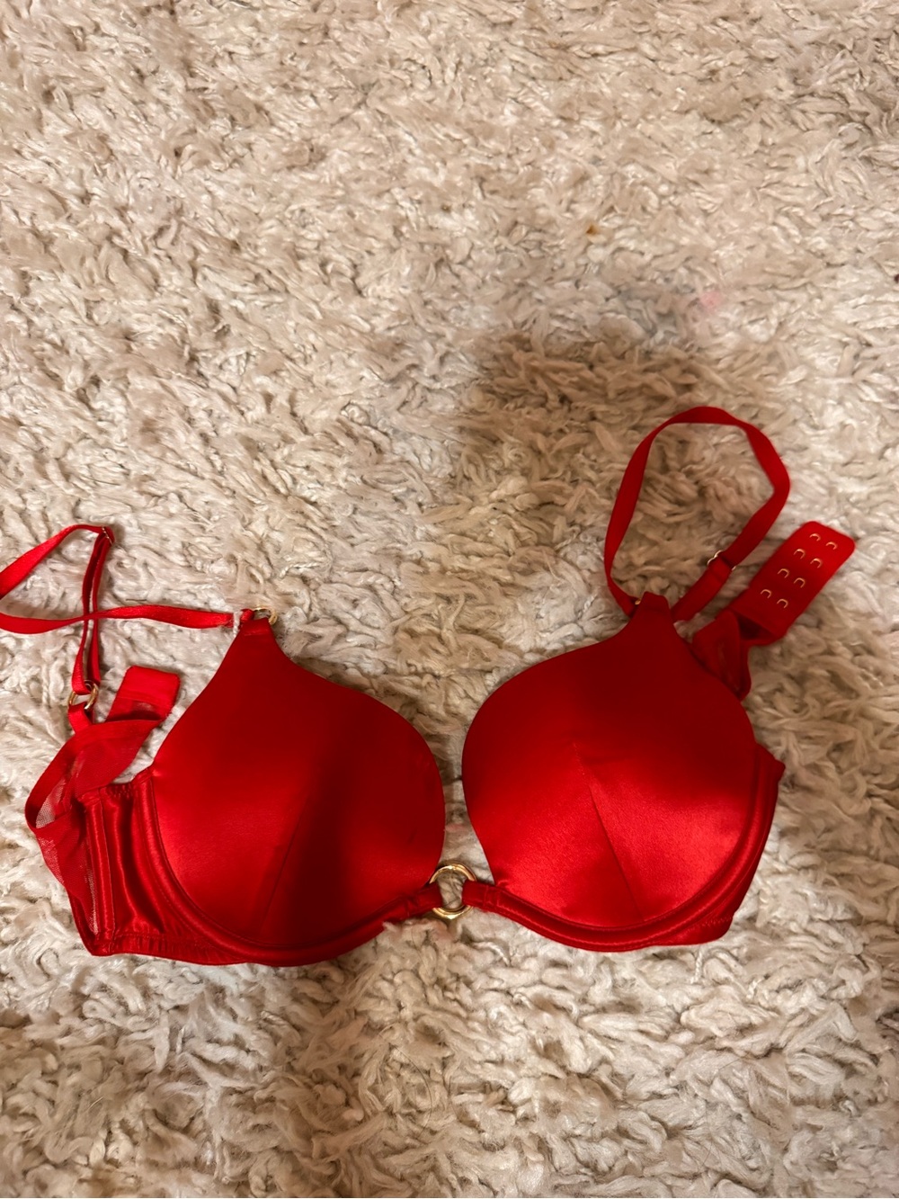 Victoria's Secret Red Satin Push-Up Bra with Gold Ring
